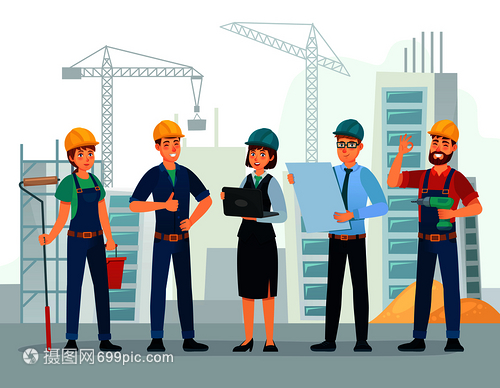 技術員和工程師團隊卡通人物